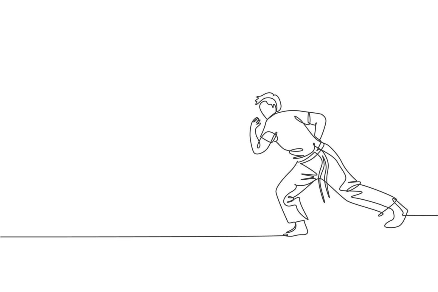 un disegno a linea continua di un giovane combattente brasiliano sportivo che allena la capoeira sulla spiaggia. sano concetto di sport da combattimento tradizionale. illustrazione vettoriale dinamica del disegno a linea singola