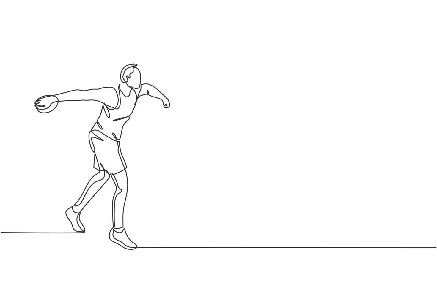 disegno a linea continua singola di un giovane sportivo che si esercita a lanciare discus sullo stadio del campo. concetto di sport di giochi atletici. illustrazione grafica vettoriale alla moda di una linea