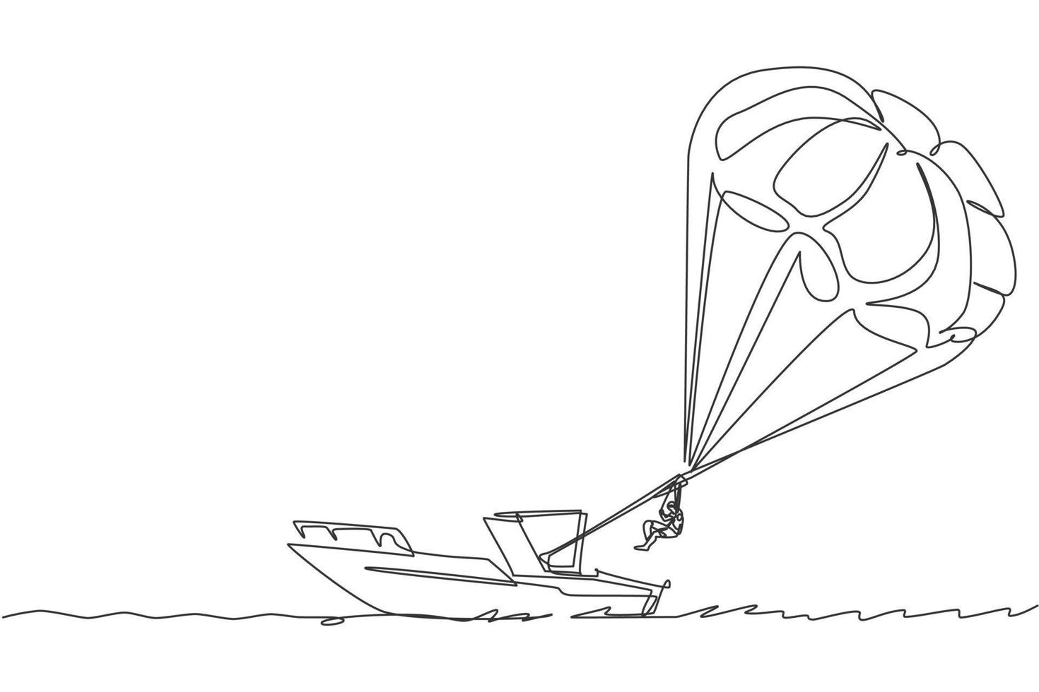 disegno a linea continua singola giovane turista che vola con il paracadute parasailing sul cielo trainato da una barca. concetto di sport per vacanze estreme. illustrazione grafica vettoriale di un disegno di linea