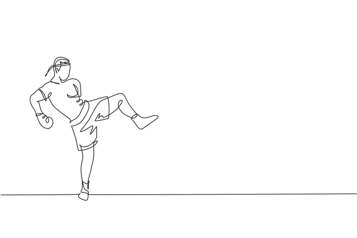 un disegno a linea continua di un giovane pugile muay thai sportivo che si prepara a combattere, calcio in posizione all'arena dei box. concetto di gioco di sport di combattimento. illustrazione vettoriale di disegno grafico dinamico a linea singola