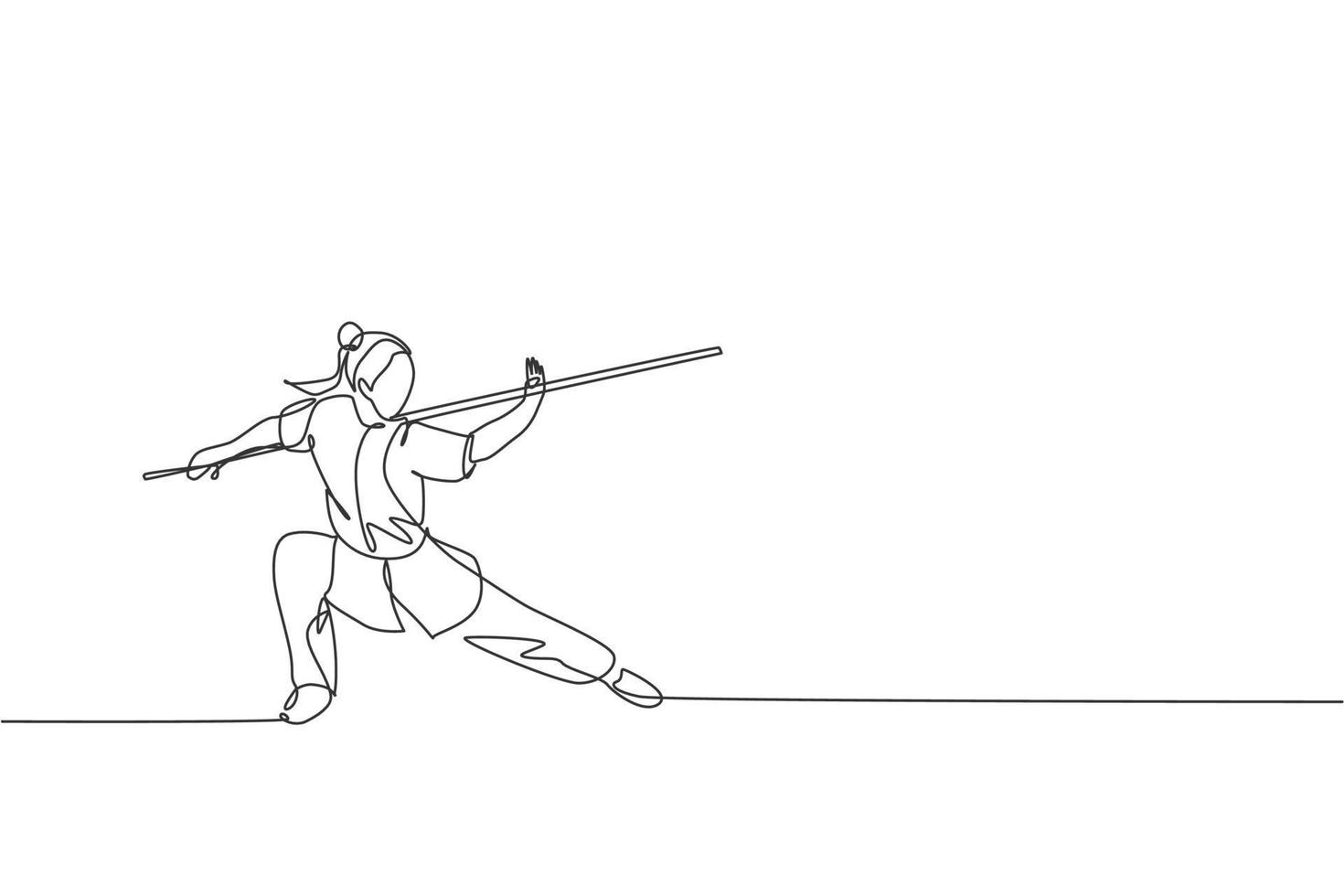 disegno a linea continua singola di combattente di wushu di giovane donna, maestro di kung fu in treno uniforme con personale lungo al centro del dojo. concetto di concorso di combattimento. illustrazione vettoriale di disegno di una linea alla moda