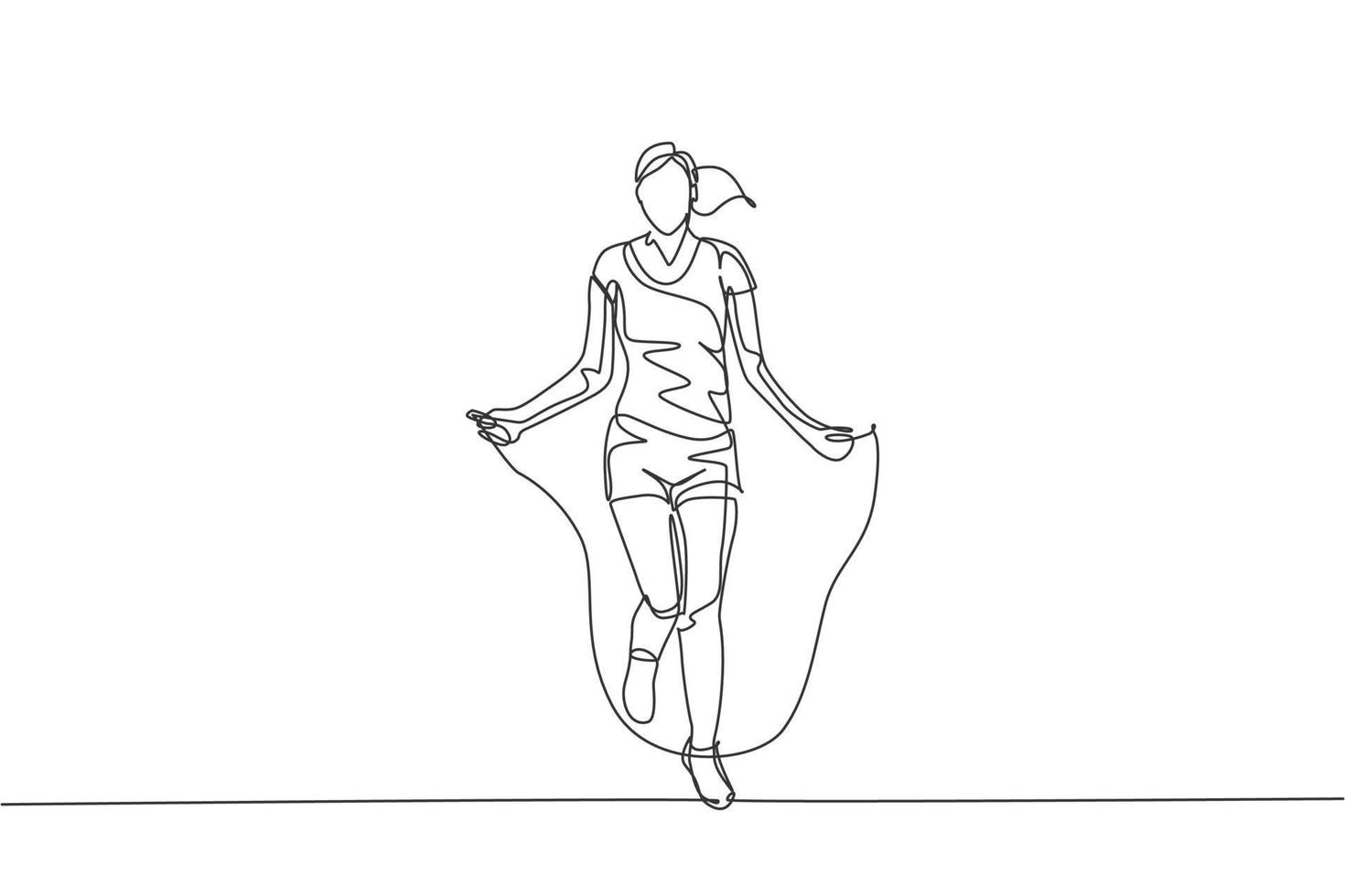 disegno a linea continua singola giovane donna sportiva che si allena con la corda per saltare nel centro del club della palestra sportiva. concetto di allungamento fitness. illustrazione grafica vettoriale alla moda di una linea