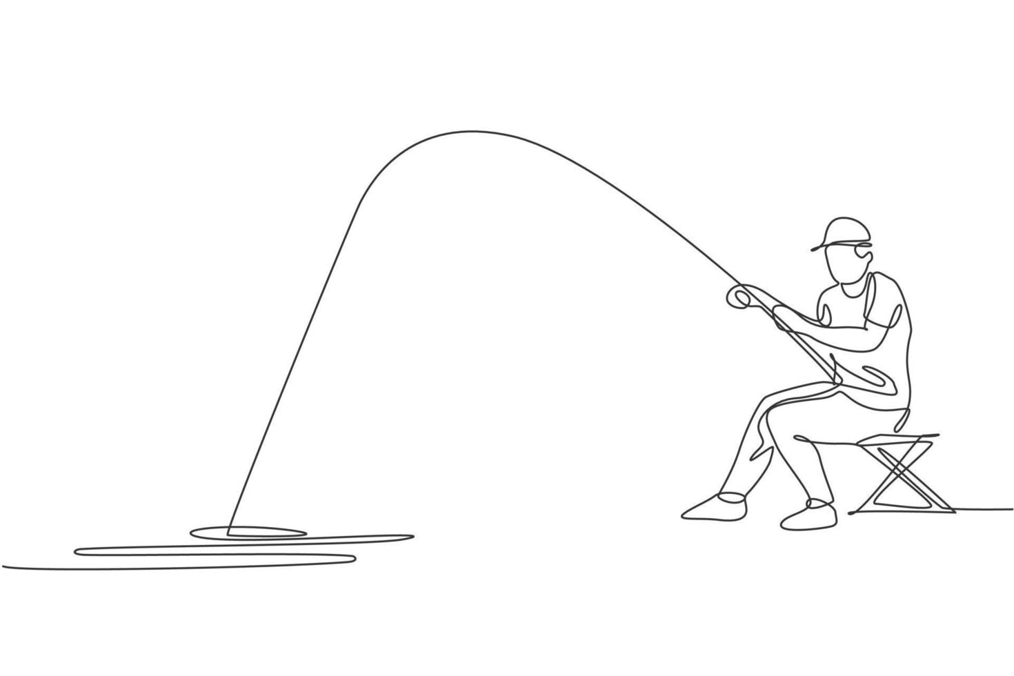disegno a linea continua singola giovane pescatore felice pesca a mosca pesce basso nel fiume aperto mentre si trova su una sedia. concetto di vacanza per hobby di pesca. grafico di illustrazione vettoriale di disegno di una linea alla moda