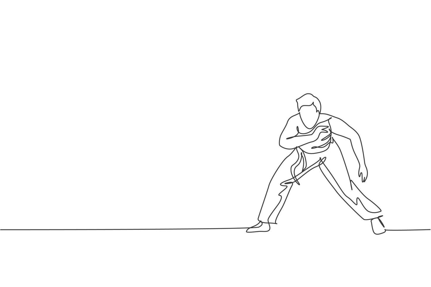 un disegno a linea singola di un giovane ballerino di capoeira energico esegue un'illustrazione grafica vettoriale di lotta di danza. concetto di sport di stile di vita di arte marziale tradizionale. moderno disegno a linea continua