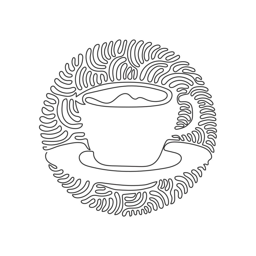 tazza da caffè con disegno a linea continua per latte, espresso, cappuccino. caffè caldo pronto da bere per colazione. stile di sfondo del cerchio di ricciolo di turbinio. illustrazione grafica vettoriale di disegno a linea singola