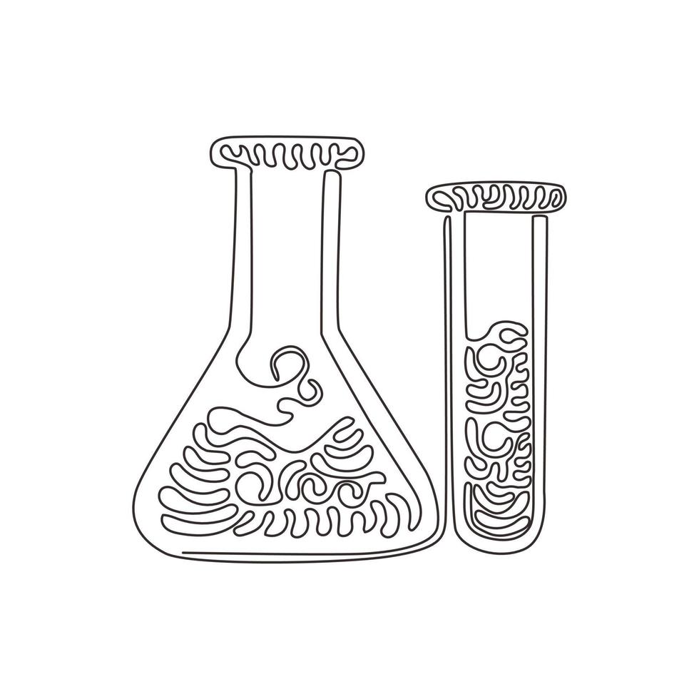 vetreria per laboratorio di chimica di disegno a linea continua. provetta graduata, becher e matraccio. apparecchiature per test chimici. stile ricciolo a spirale. illustrazione grafica vettoriale di disegno a linea singola