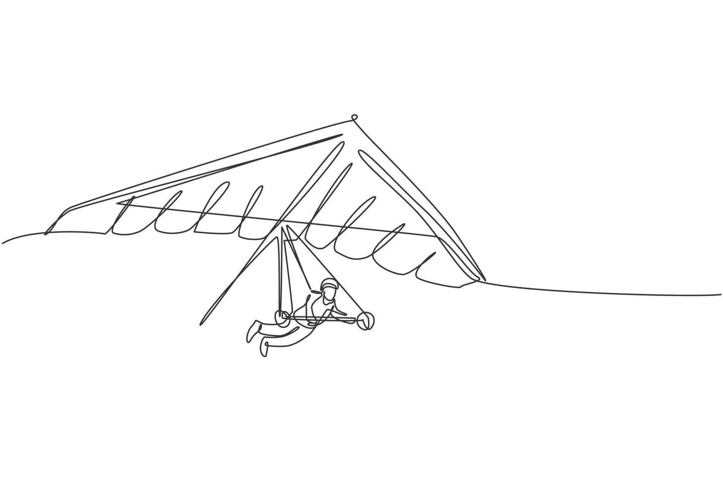 un disegno a linea singola di un giovane sportivo che vola con il deltaplano paracadute sull'illustrazione grafica vettoriale del cielo. concetto di sport estremo. moderno disegno a linea continua