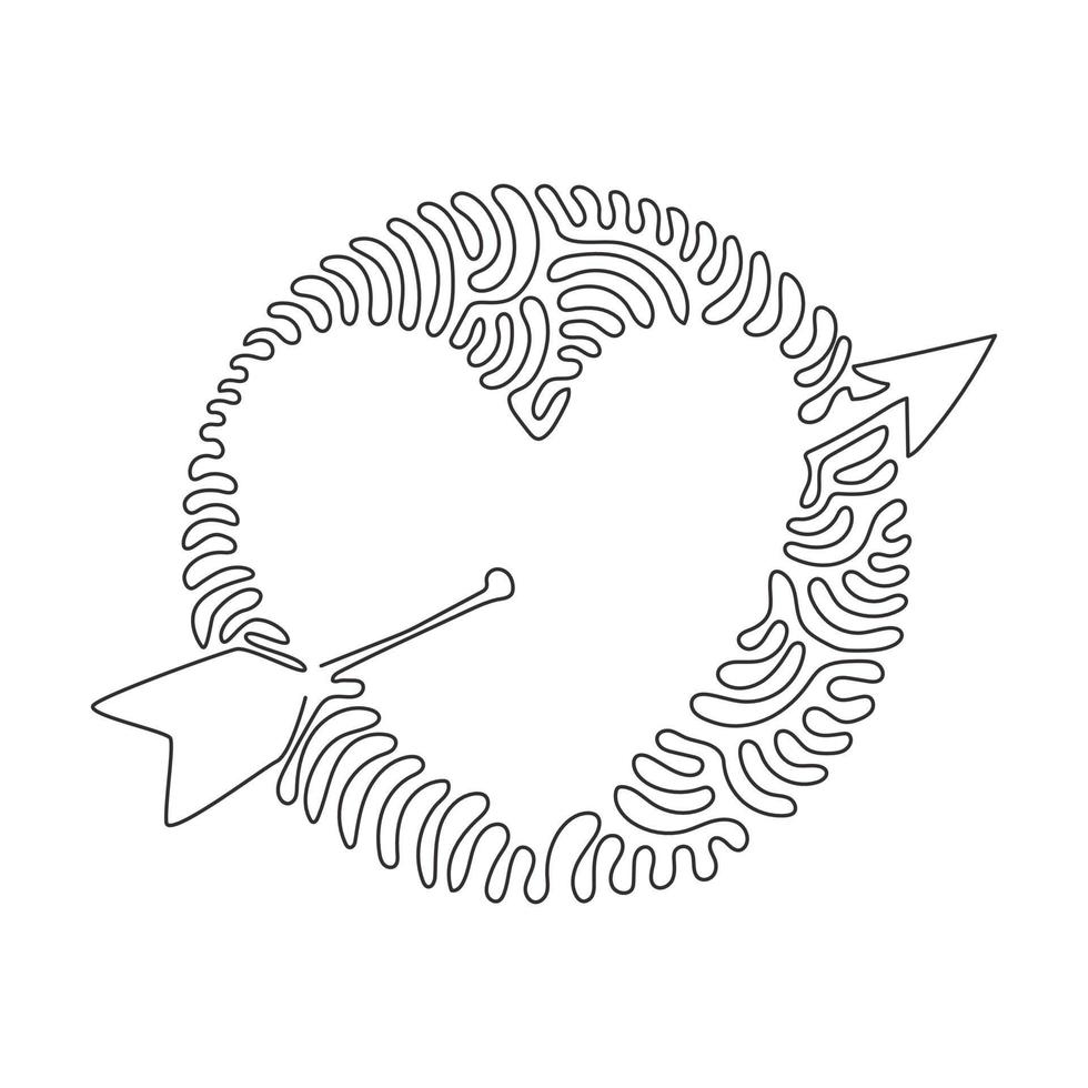 cuore di disegno a una linea continua con icona a forma di freccia in stile doodle. illustrazione vettoriale. logo decorativo romantico. stile di sfondo del cerchio di ricciolo di turbinio. illustrazione grafica vettoriale di disegno a linea singola
