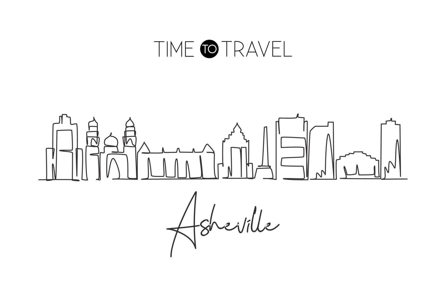 skyline della città di Asheville, Carolina del Nord, disegno a una sola linea. paesaggio storico mondiale della città. migliore cartolina di destinazione per le vacanze. illustrazione vettoriale di design grafico a linea continua alla moda