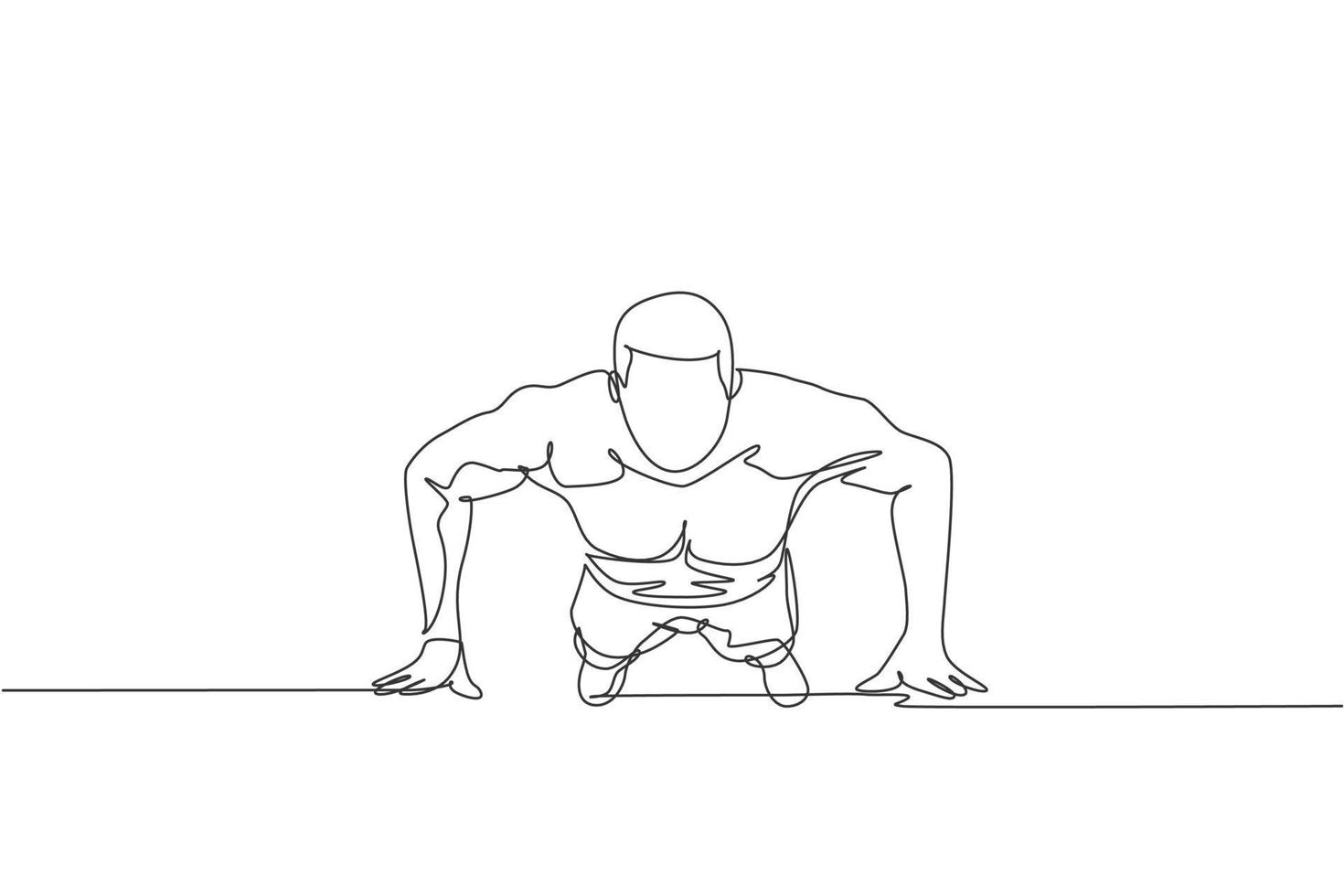 disegno a linea continua singola di giovane sportivo che si allena push up nel centro del club della palestra sportiva, vista frontale. concetto di allungamento fitness. illustrazione vettoriale di design grafico di una linea alla moda