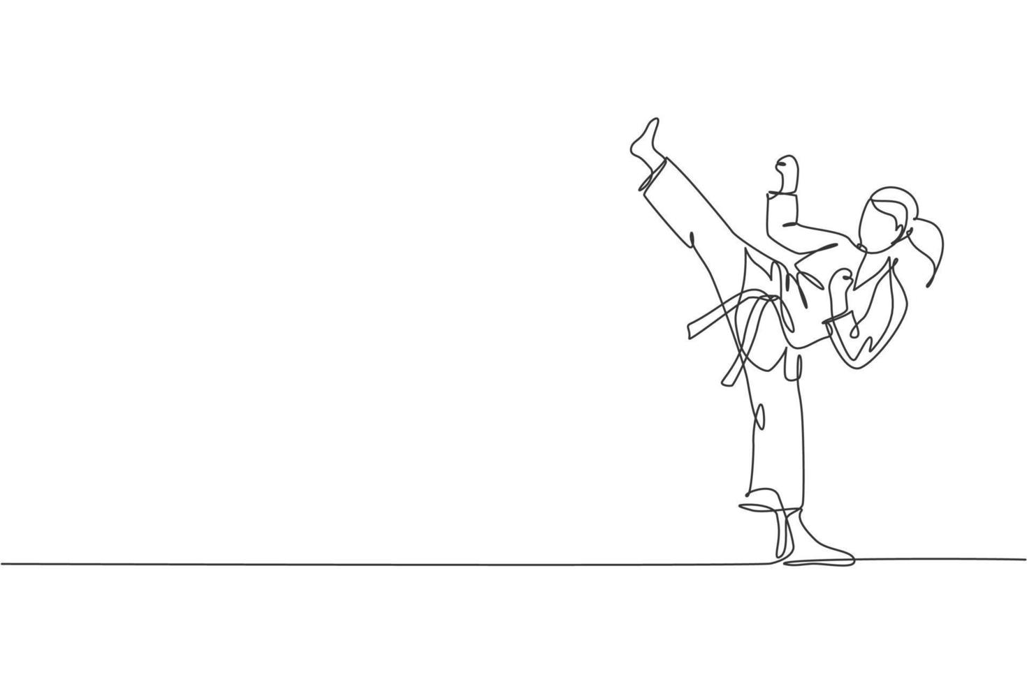 disegno a linea continua singola di una giovane ragazza sicura di karateka in kimono che pratica il combattimento di karate al dojo. concetto di allenamento sportivo di arte marziale. illustrazione grafica vettoriale di disegno di una linea alla moda