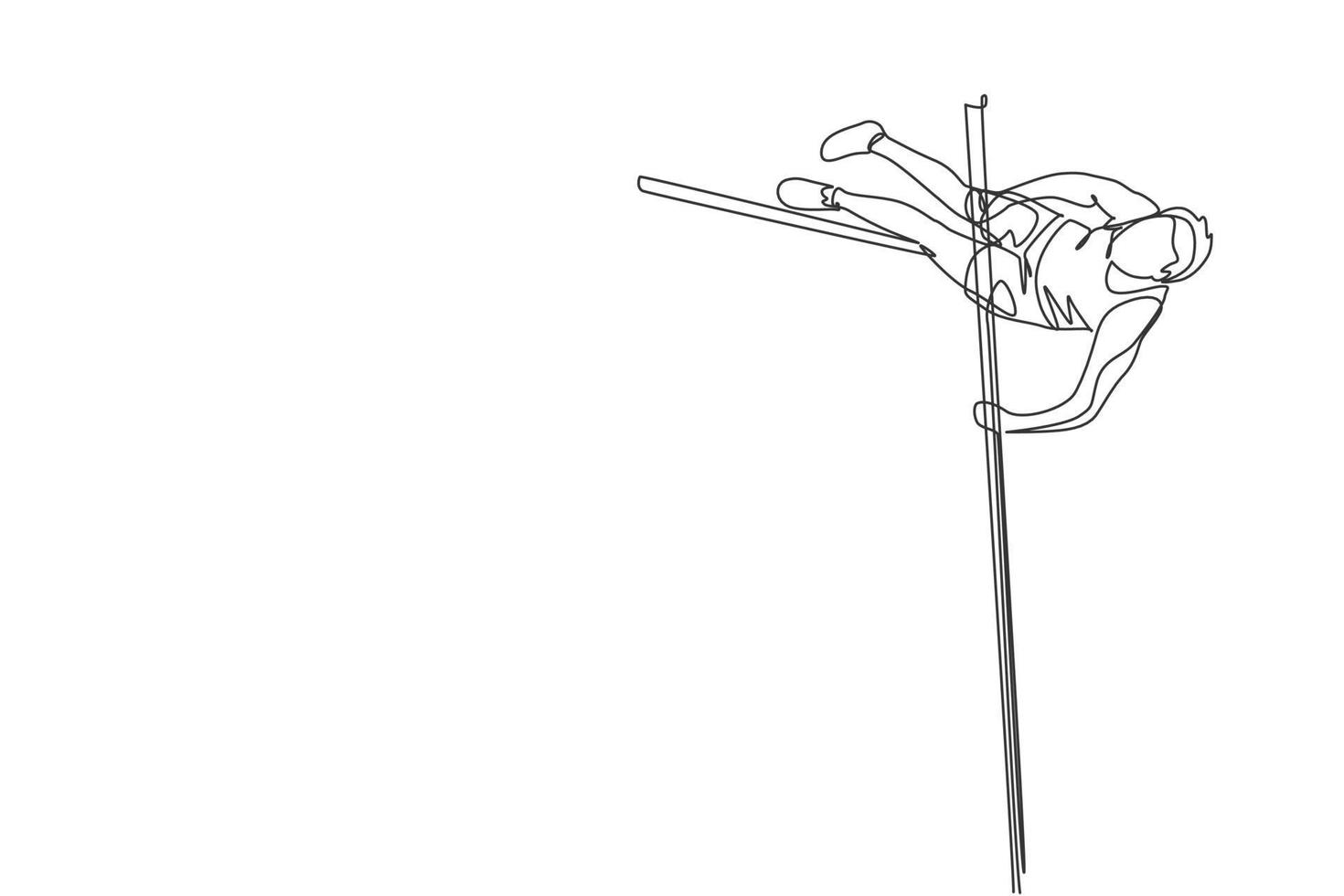 unico disegno a linea continua di un giovane sportivo che allena il salto con l'asta attraverso la barra nel campo. sano concetto di sport atletico. evento del torneo. illustrazione vettoriale di disegno di una linea alla moda