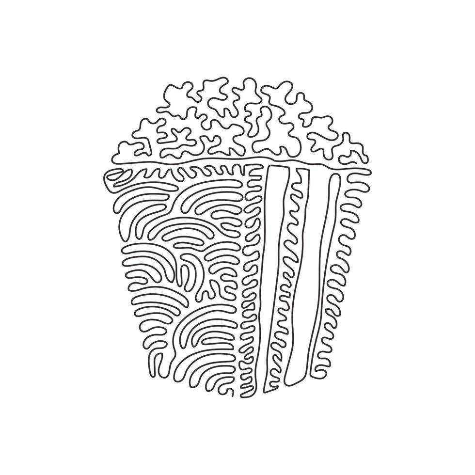 contenitore a scatola a righe con disegno a linea continua singola con deliziosi popcorn. fast food da asporto. menu di cibo spazzatura del ristorante. stile ricciolo a spirale. illustrazione vettoriale di disegno grafico dinamico di una linea