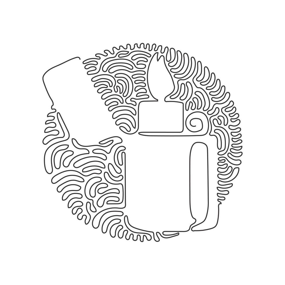 accendino in metallo a linea continua singola. fuoco dall'accendino. manuale, accendino a gas con fiamma accesa in stile piatto. stile di sfondo del cerchio di ricciolo di turbinio. vettore dinamico di disegno grafico a una linea