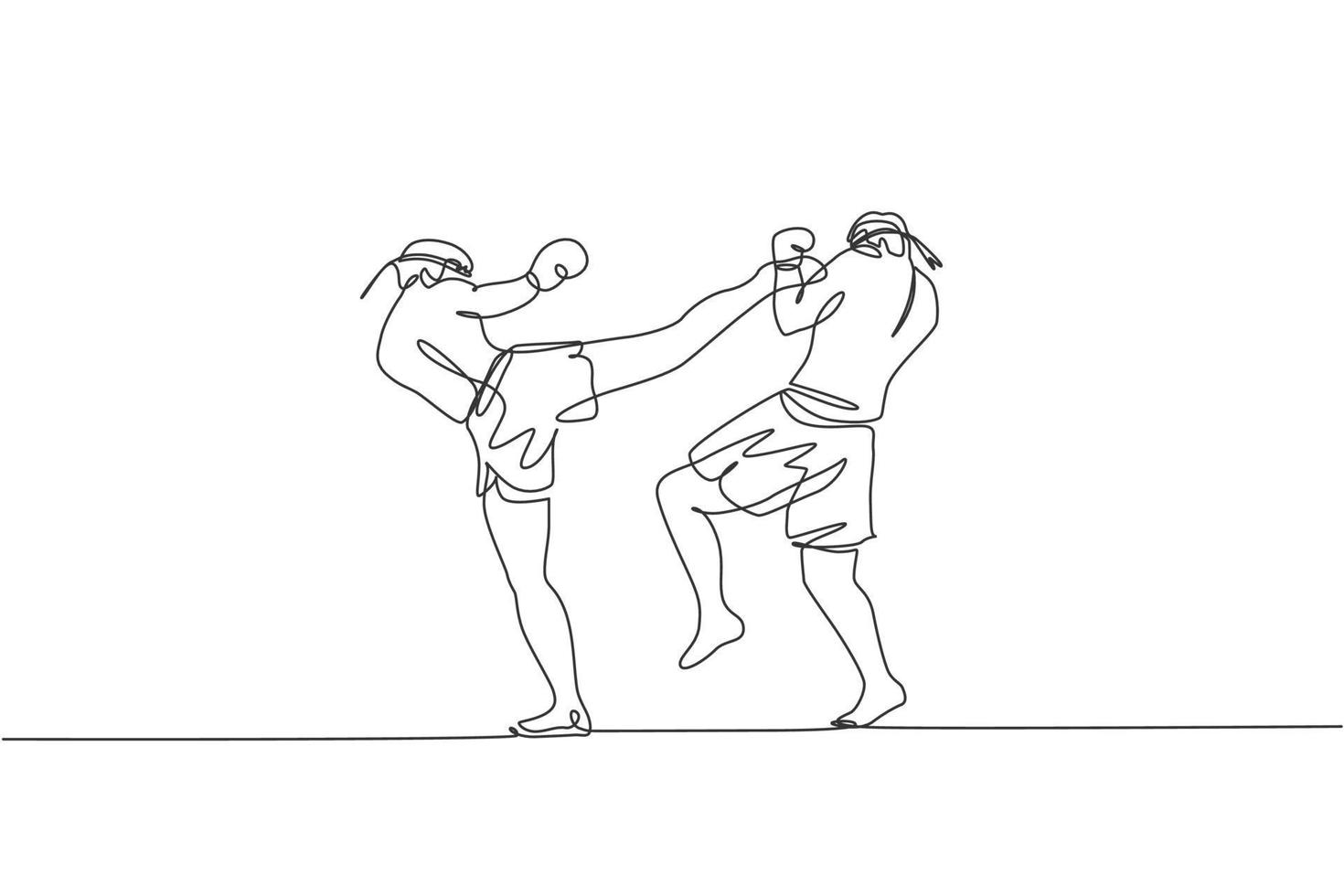 disegno a linea continua singola di due giovani uomini sportivi che allenano la boxe tailandese al centro del club di ginnastica. concetto di sport combattivo muay thai. evento di gara. illustrazione vettoriale di disegno di una linea alla moda