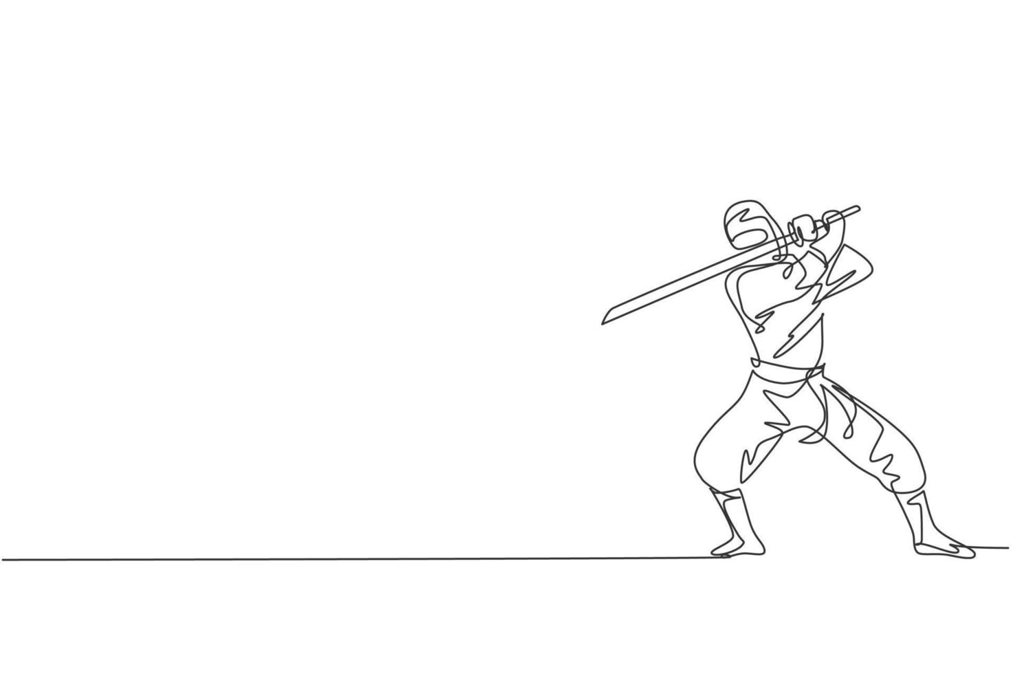 un disegno a linea continua di un giovane ninja coraggioso giapponese su costume nero con posizione di attacco. concetto di combattimento di arte marziale. illustrazione grafica vettoriale di disegno dinamico a linea singola