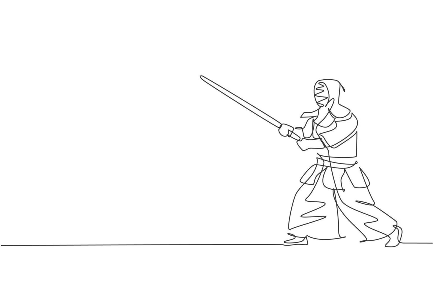 un disegno a linea singola di giovane uomo energico esercizio posizione kendo con spada di legno in palestra centro illustrazione vettoriale. concetto di sport da combattimento combattivo. moderno disegno a linea continua vettore