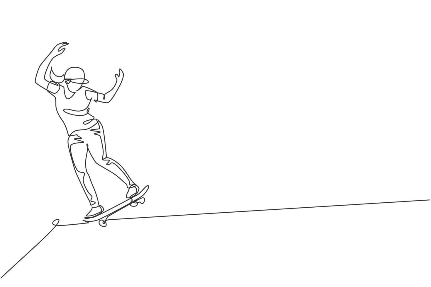 un disegno a linea continua giovane cool skateboarder uomo in sella a skateboard facendo un trucco diapositiva in skatepark. concetto di sport estremo per adolescenti. illustrazione grafica vettoriale di disegno dinamico a linea singola