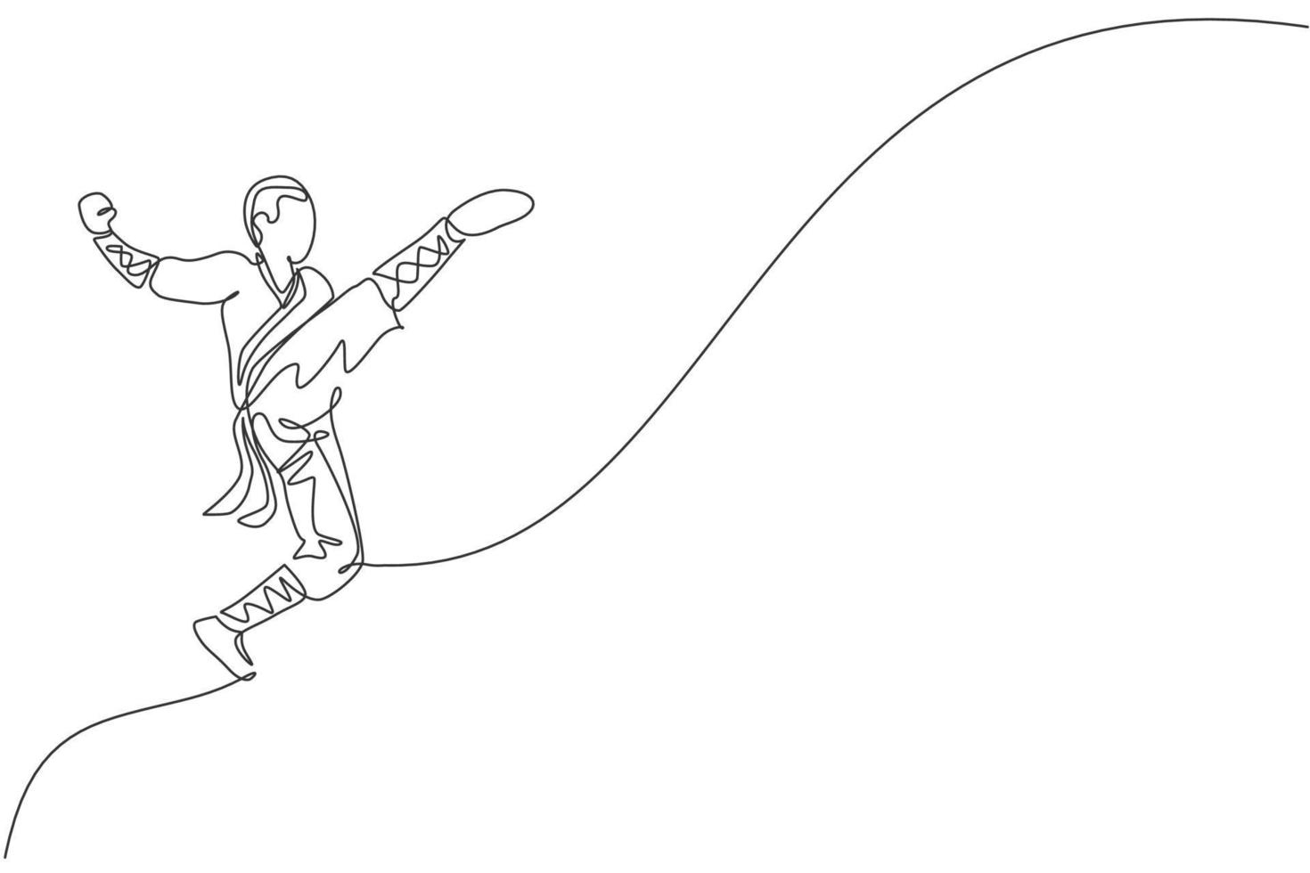 unico disegno a linea continua giovane muscoloso monaco shaolin uomo treno che salta calcio al tempio shaolin. concetto di lotta di kung fu cinese tradizionale. illustrazione vettoriale di design grafico di una linea alla moda