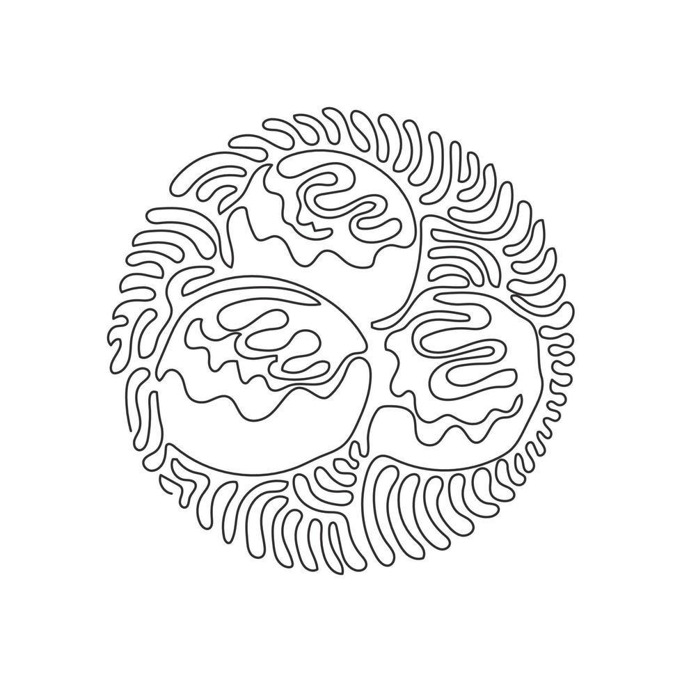takoyaki di disegno a una linea singola, palline di polpo, fast food giapponese. gustoso spuntino con maionese, alghe. stile di sfondo del cerchio di ricciolo di turbinio. illustrazione vettoriale grafica di disegno a linea continua