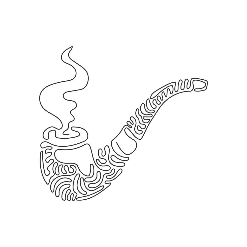 pipa da fumo con disegno a linea continua singola con fumo. tubo di tabacco isolato. tubo per fumare tabacco. pipa personale. stile ricciolo a spirale. illustrazione vettoriale di un disegno grafico a una linea