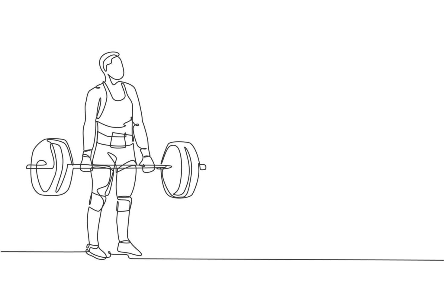 un disegno a linea singola di un giovane atleta in forma muscolare che solleva i bilancieri che si allenano in un'illustrazione vettoriale di palestra. sollevatore di pesi che si prepara per il concetto di allenamento. moderno disegno a linea continua