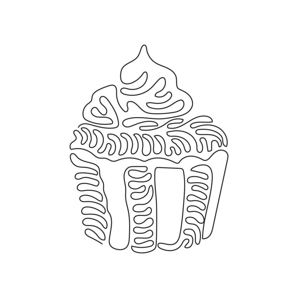 una linea continua disegnando un delizioso cupcake. torta gustosa dolce. delizioso dessert per la cena in ristorante. spuntino alla festa di compleanno. stile ricciolo a spirale. illustrazione grafica vettoriale di disegno a linea singola