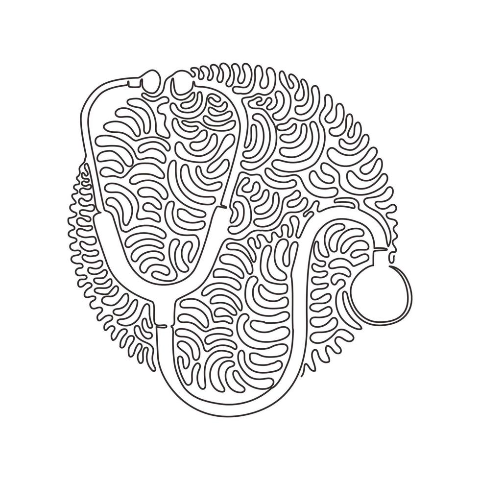 icona dello stetoscopio con disegno a linea singola, simbolo diagnostico. articolo medico, pittogramma dell'ospedale, medicina simbolo. stile di sfondo del cerchio di ricciolo di turbinio. vettore grafico moderno di disegno di linea continua