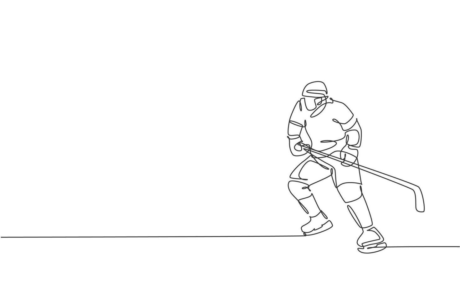 un disegno a linea continua di un giovane giocatore professionista di hockey su ghiaccio che si esercita e si esercita sullo stadio della pista di pattinaggio. sano concetto di sport estremo. illustrazione vettoriale dinamica del disegno a linea singola