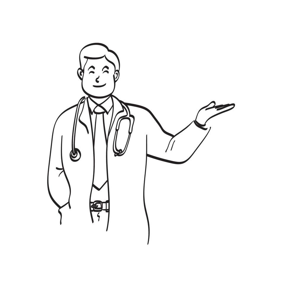 medico maschio che presenta qualcosa su copyspace illustrazione vettoriale disegnato a mano isolato su sfondo bianco line art.