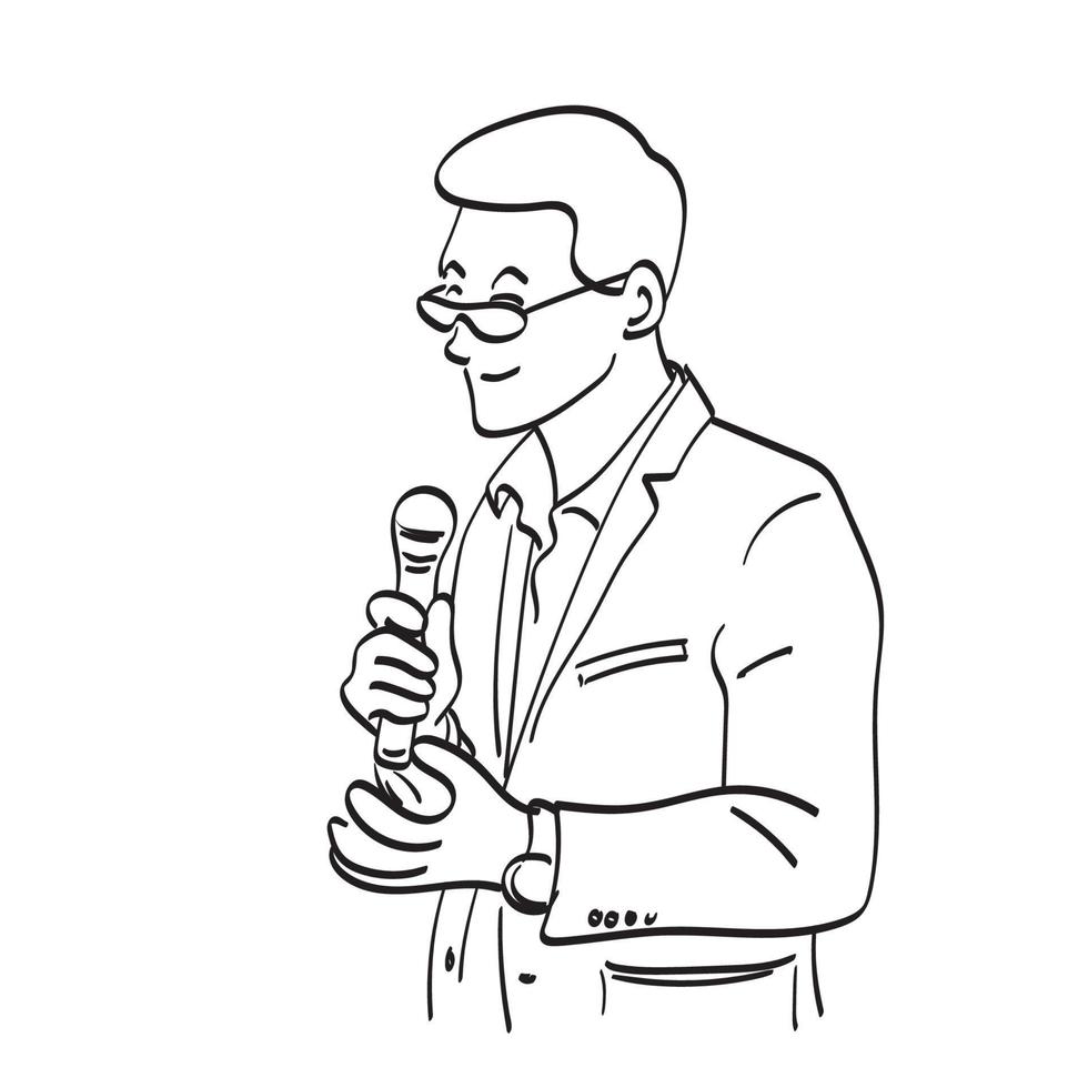 line art uomo d'affari con occhiali che tengono microfono illustrazione vettore disegnato a mano isolato su sfondo bianco