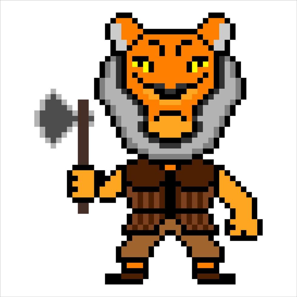 guerriero combattente dei cartoni animati di tigre con pixel art. illustrazione vettoriale. vettore