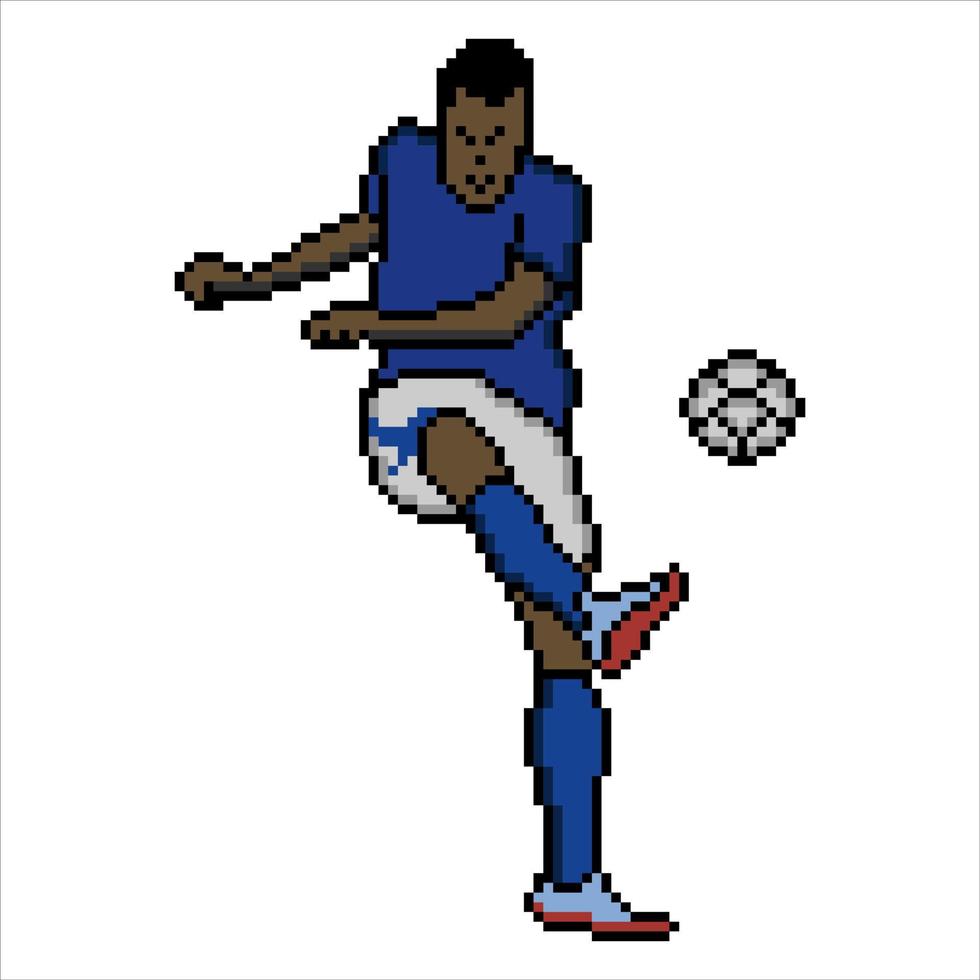 giocatore di calcio che dà dei calci al pallone con pixel art. illustrazione vettoriale