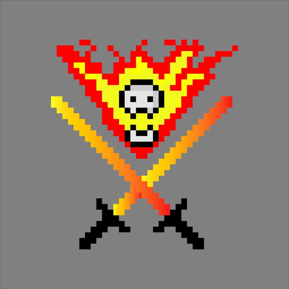 pixel art con testa di teschio di fuoco e icona di spade incrociate. illustrazione vettoriale. vettore