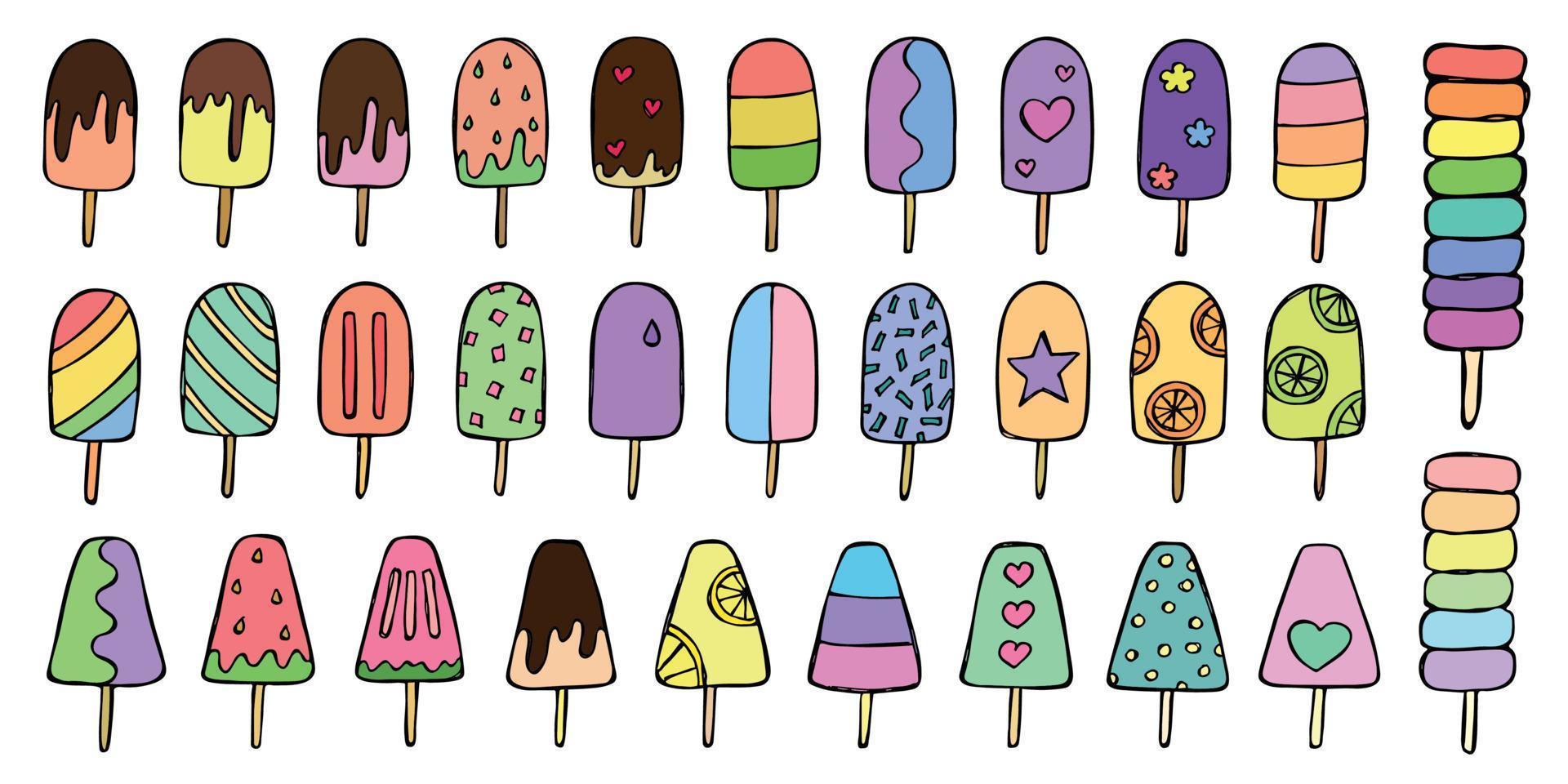 insieme di vettore dell'illustrazione disegnata a mano del gelato. clipart di dessert carino. per stampa, web, design, arredamento, logo.