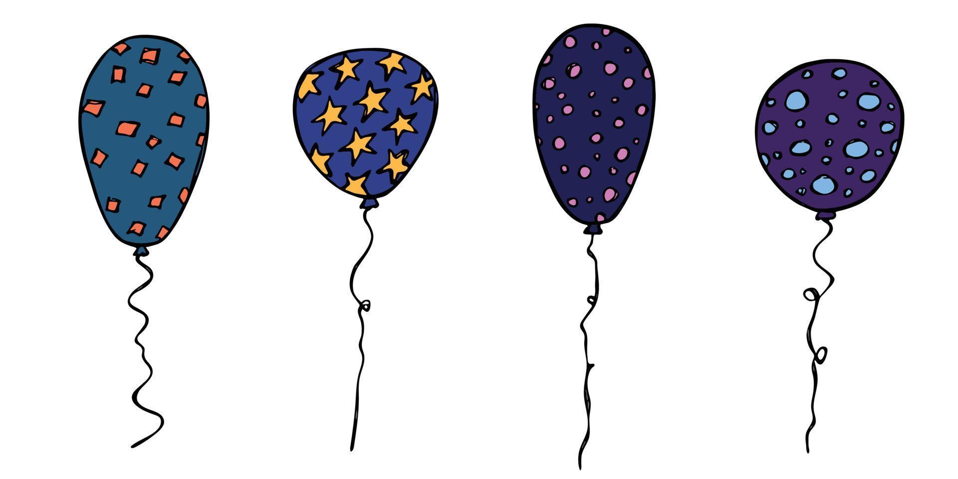 insieme disegnato a mano dell'illustrazione variopinta del pallone di volo. doodle di palloncini per feste di compleanno. clipart di vacanza. vettore