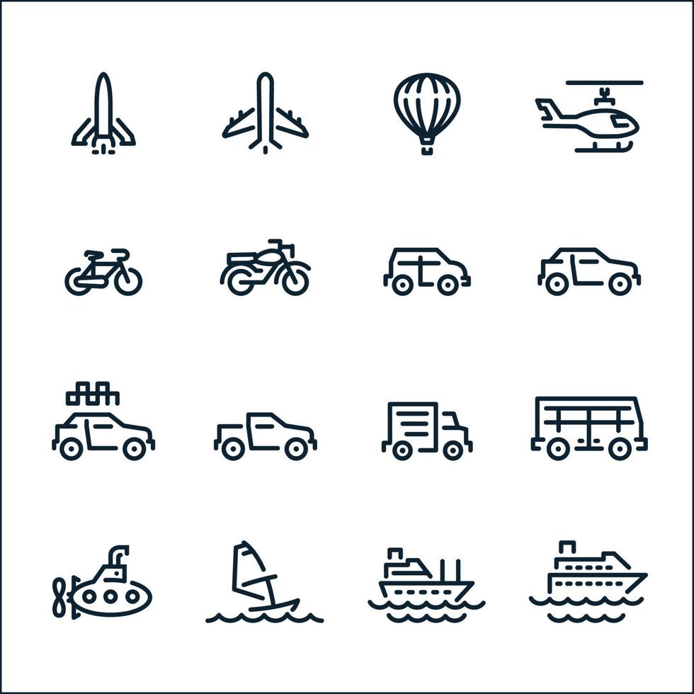 icone di trasporto e veicoli con sfondo bianco vettore
