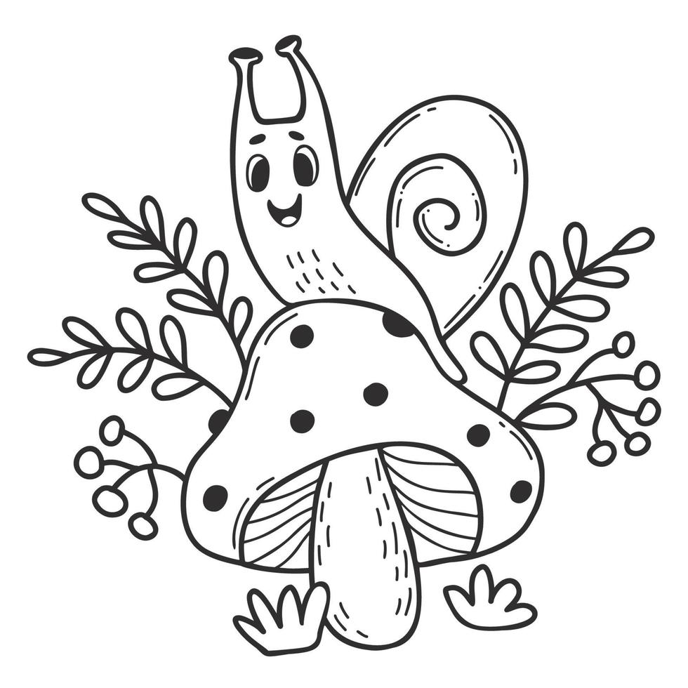 lumaca carina su fungo fungo. doodle disegnato a mano lineare. illustrazione vettoriale. mollusco divertente della foresta - carattere della lumaca sull'agarico di mosca e foglie e bacche vettore