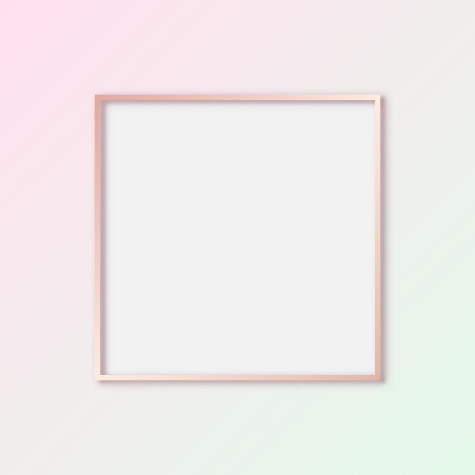 cornice della galleria in oro rosa vettoriale, modello di schermo con cornice pastello con copertina vuota, cornice quadrata su sfondo pastello rosa e verde vettore