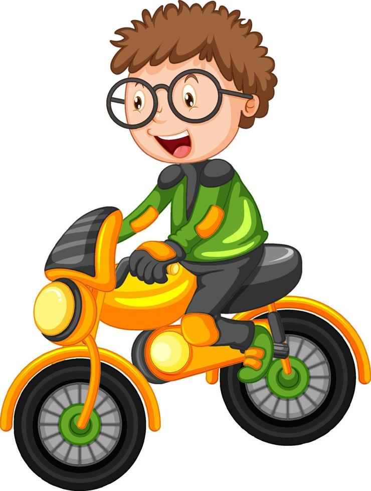 un ragazzo in sella a un personaggio dei cartoni animati di moto da cross vettore