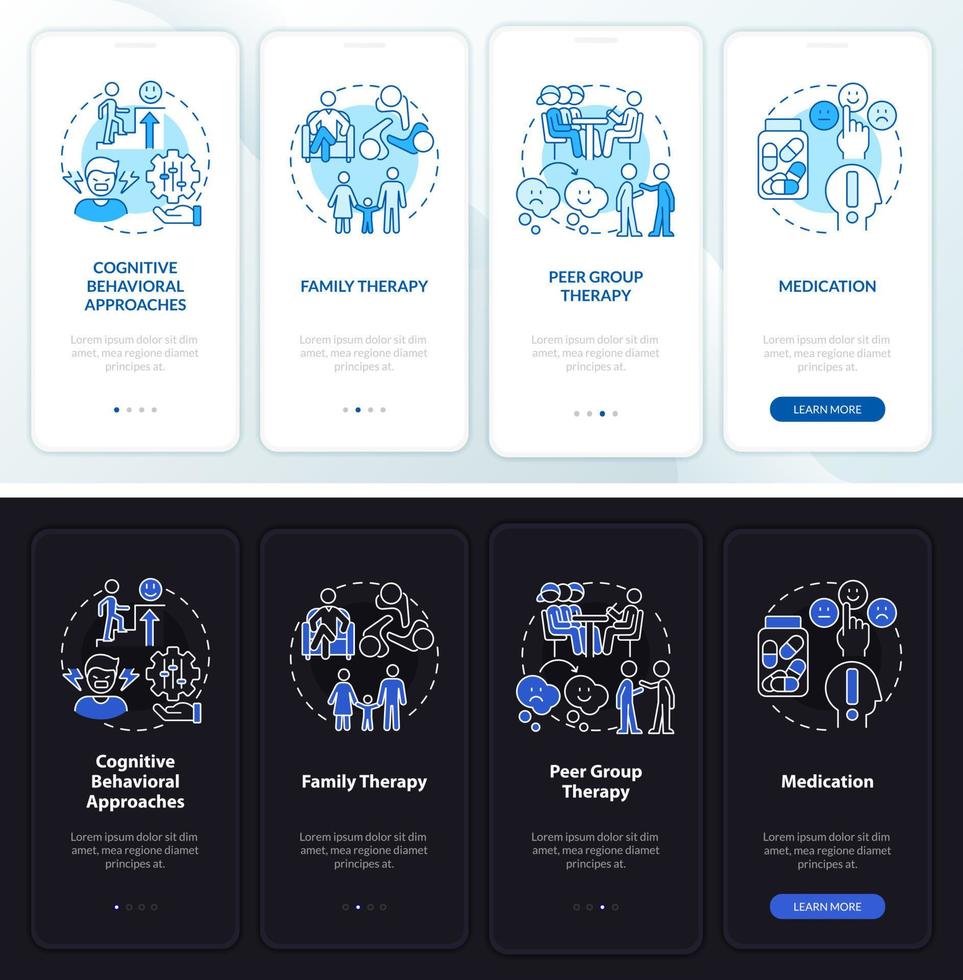 condurre il trattamento del disturbo notte, modalità giorno con schermo dell'app mobile integrata. procedura dettagliata 4 passaggi pagine di istruzioni grafiche con concetti lineari. ui, ux, modello gui. vettore