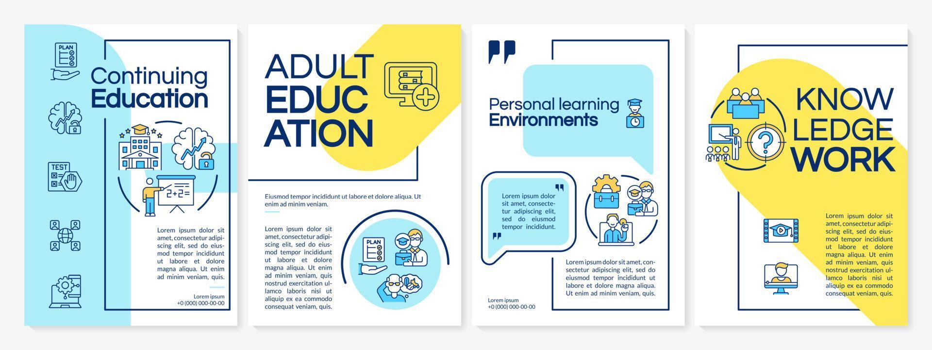 contesto di apprendimento permanente modello di brochure blu e giallo. formazione continua. design volantino con icone lineari. 4 layout vettoriali per la presentazione, relazioni annuali.