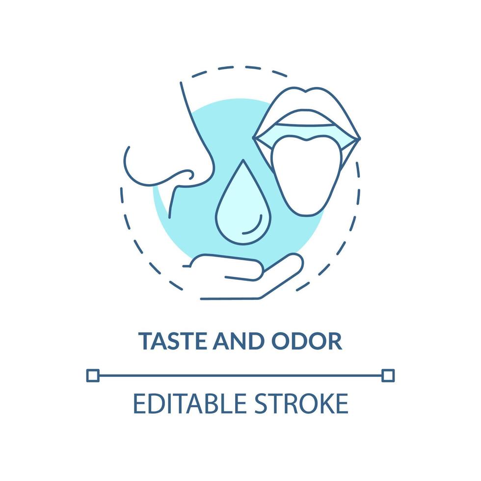 icona del concetto turchese di gusto e odore. illustrazione della linea sottile dell'idea astratta dell'analisi della qualità dell'acqua. liquido insapore. disegno di contorno isolato. tratto modificabile. vettore