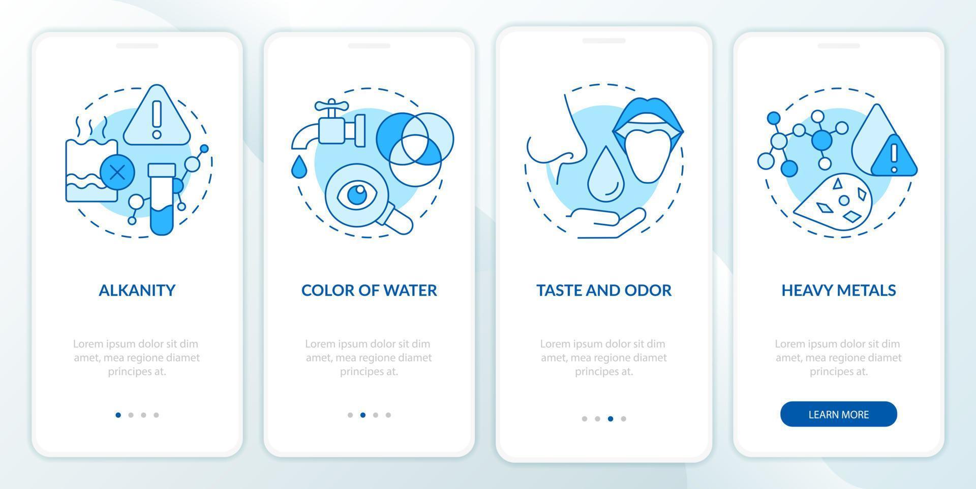 test di qualità dell'acqua schermata blu dell'app mobile di onboarding. guida ai metalli pesanti 4 passaggi pagine di istruzioni grafiche con concetti lineari. ui, ux, modello gui. vettore