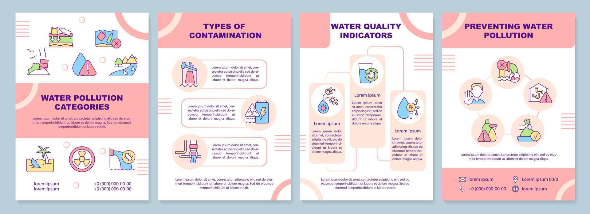 modello di brochure rosa per categorie di inquinamento dell'acqua. tipi di contaminazione. design volantino con icone lineari. 4 layout vettoriali per la presentazione, relazioni annuali.