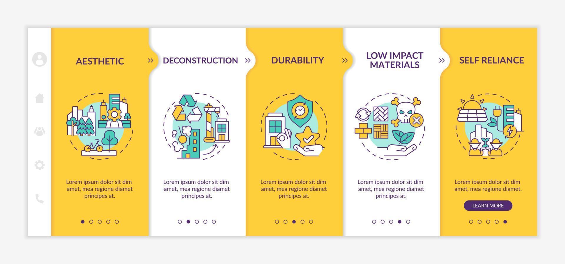 modello di onboarding giallo per il design della città sostenibile. innovazioni urbanistiche. sito Web mobile reattivo con icone concettuali lineari. procedura dettagliata della pagina web in 5 schermate. vettore