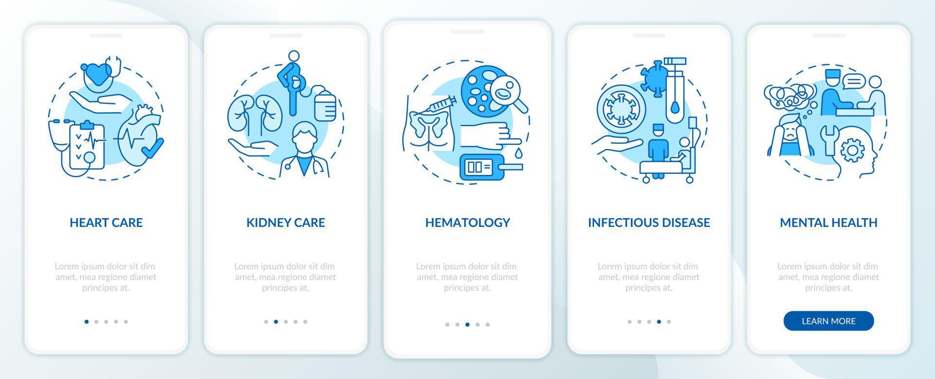 fornitura di servizi medici schermata dell'app mobile di onboarding blu. medicina dettagliata 5 passaggi pagine di istruzioni grafiche con concetti lineari. ui, ux, modello gui. vettore