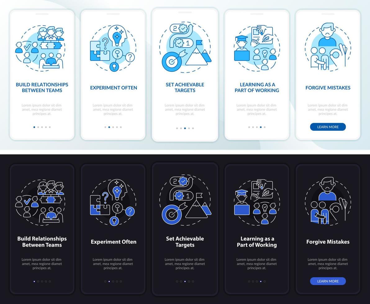 idee di stimolazione dei lavoratori modalità notte e giorno onboarding dello schermo dell'app mobile. procedura dettagliata 5 passaggi pagine di istruzioni grafiche con concetti lineari. ui, ux, modello gui. vettore