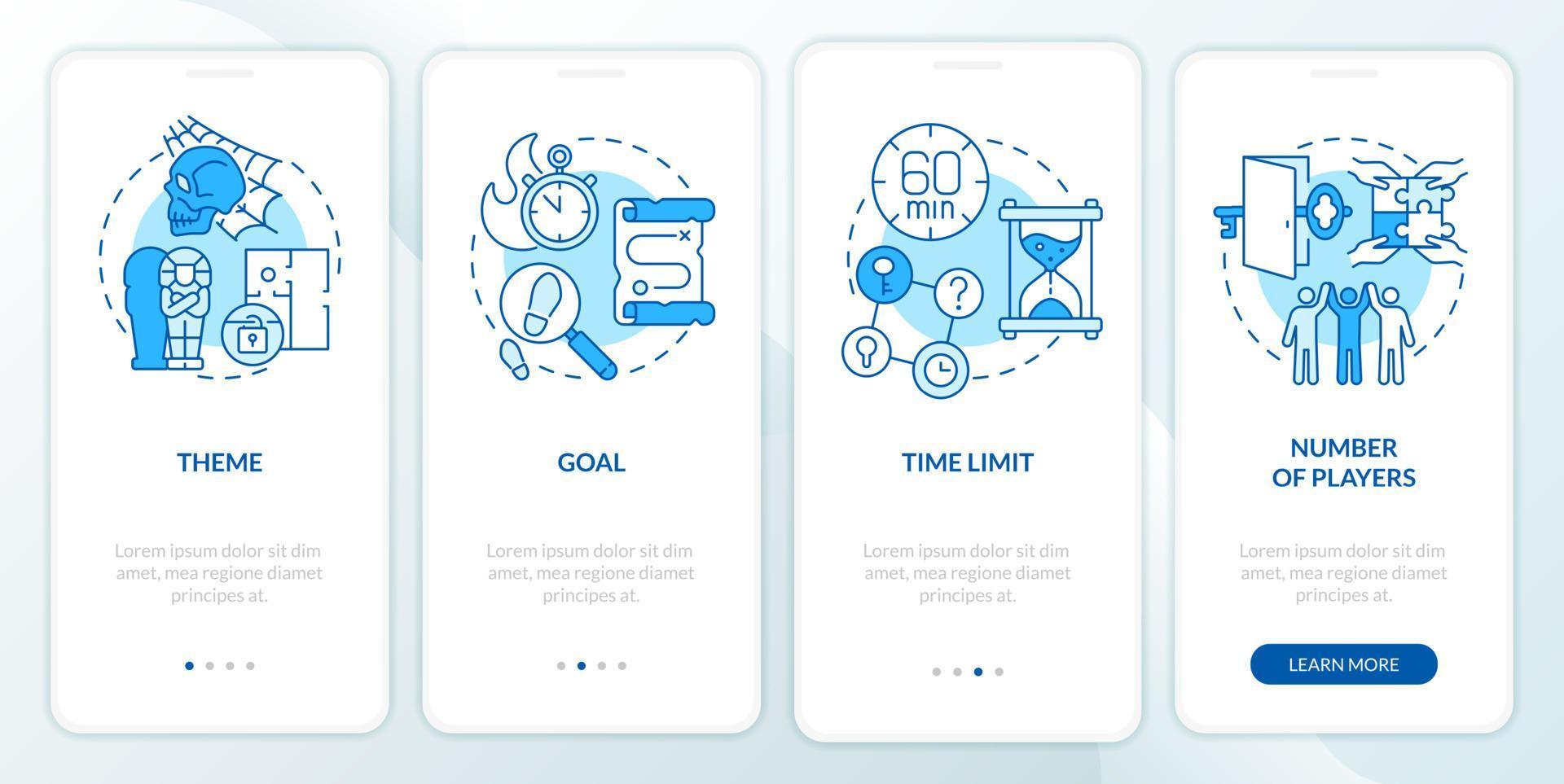 componenti di escape room blu onboarding schermo dell'app mobile. guida al limite di tempo 4 passaggi pagine di istruzioni grafiche con concetti lineari. ui, ux, modello gui. vettore