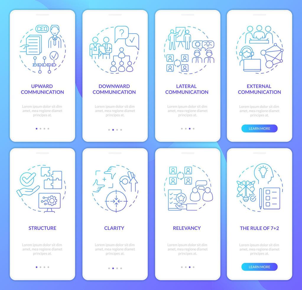 set di schermate dell'app mobile per l'onboarding del gradiente blu di comunicazione aziendale. procedura dettagliata 4 passaggi pagine di istruzioni grafiche con concetti lineari. ui, ux, modello gui. vettore